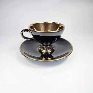 Handmade Vintage 50s Italian Florentine Black & Gold Gilded Tudor Cup and Saucer